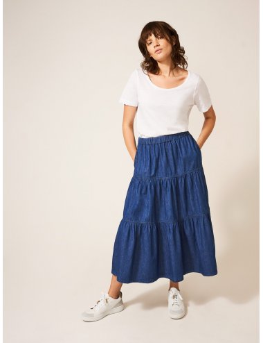 White Stuff Mia Tiered Denim Midi Skirt